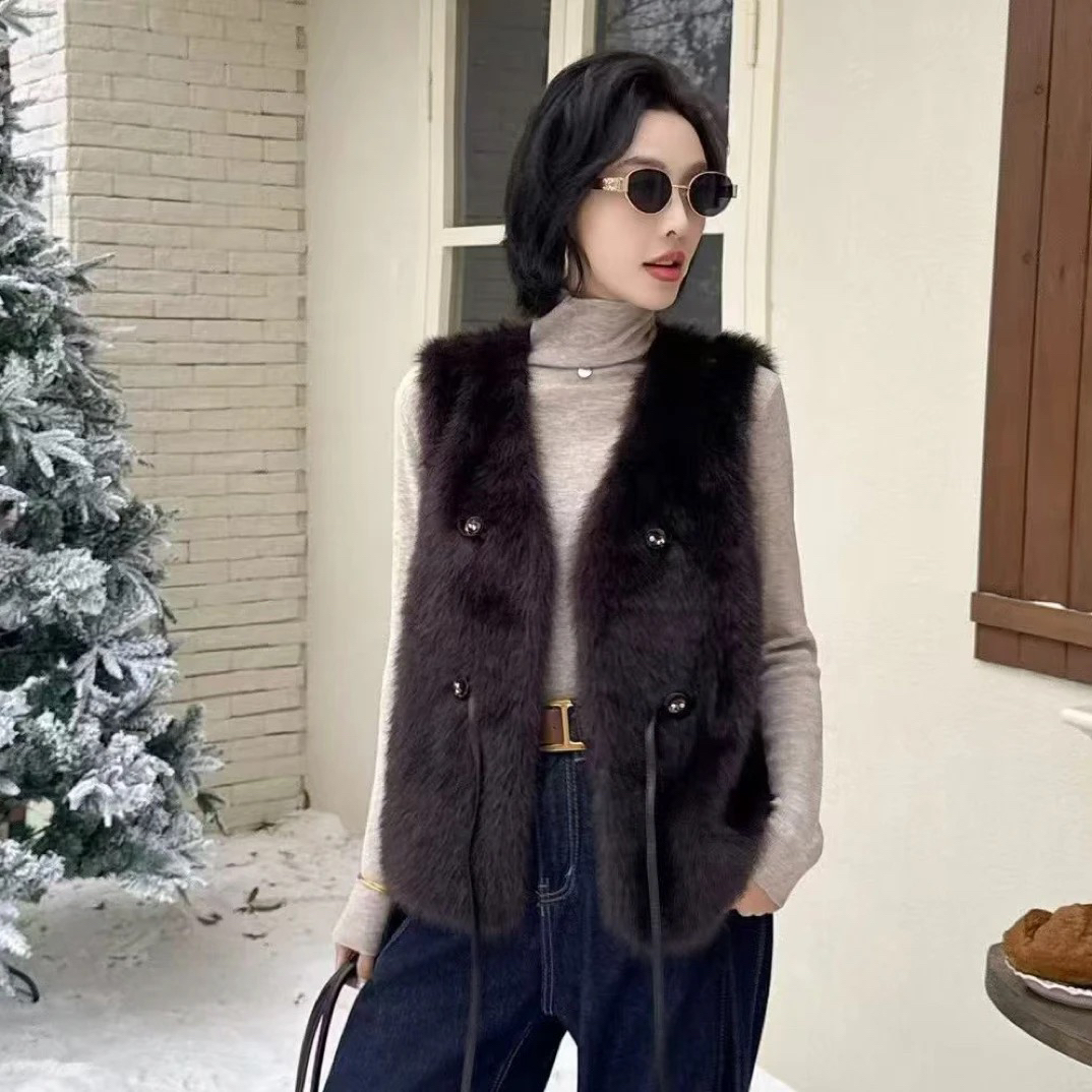 秋冬新款时尚百搭免烫纽扣法式无袖马甲外套