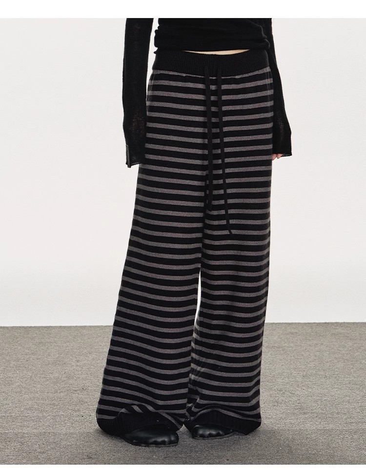 anna aneae条纹休闲裤女秋冬百搭宽松阔腿直筒黑色抽绳针织长裤子