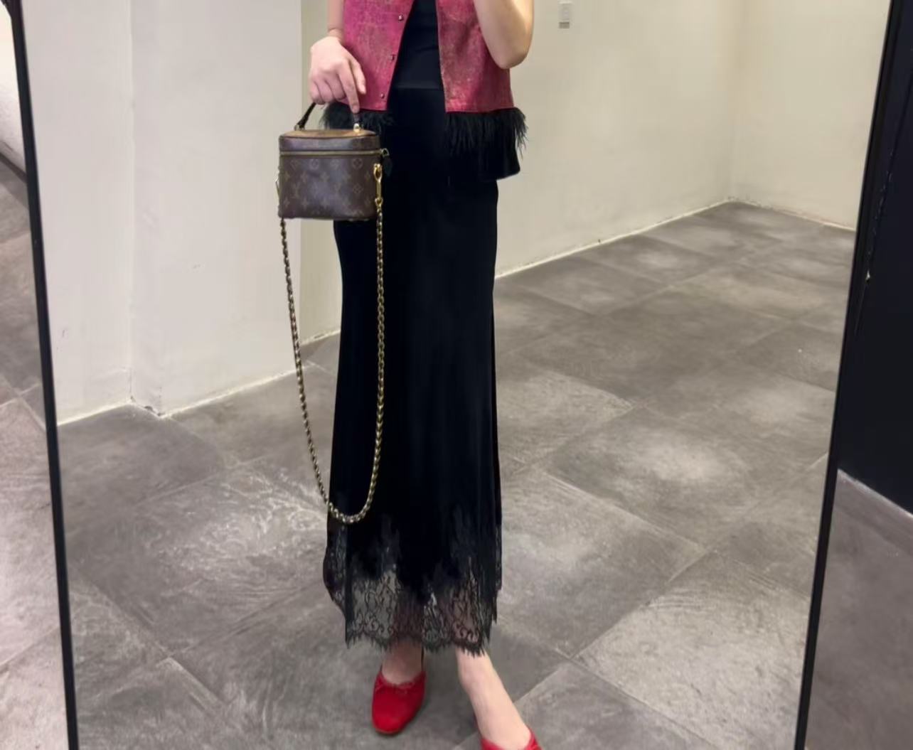 欧货 设计拼接镂空裙摆丝绒裙