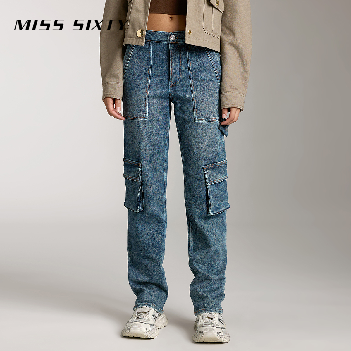 Miss Sixty牛仔裤女拉链美式复古工装风口袋街头小众