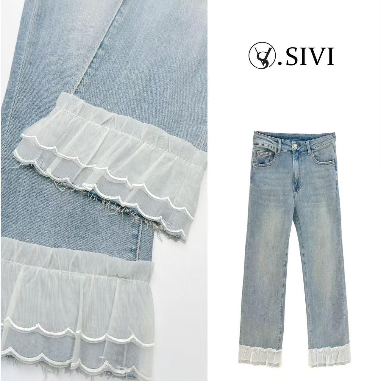 熙薇【浮花浪蕾】2025春季新款时尚休闲蕾丝拼接八分牛仔裤H1332