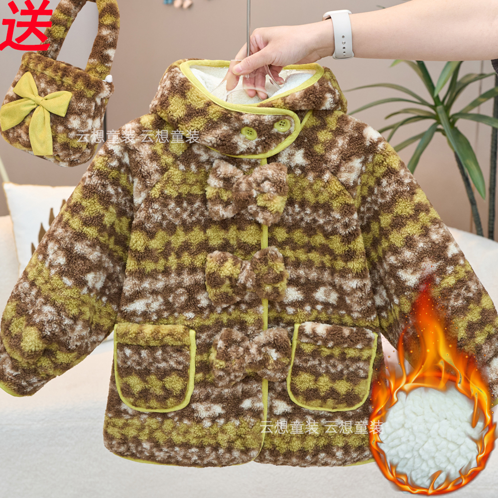 亲子装冬季新款女童时尚加绒加厚毛毛衣母女装韩版中长款连帽外套