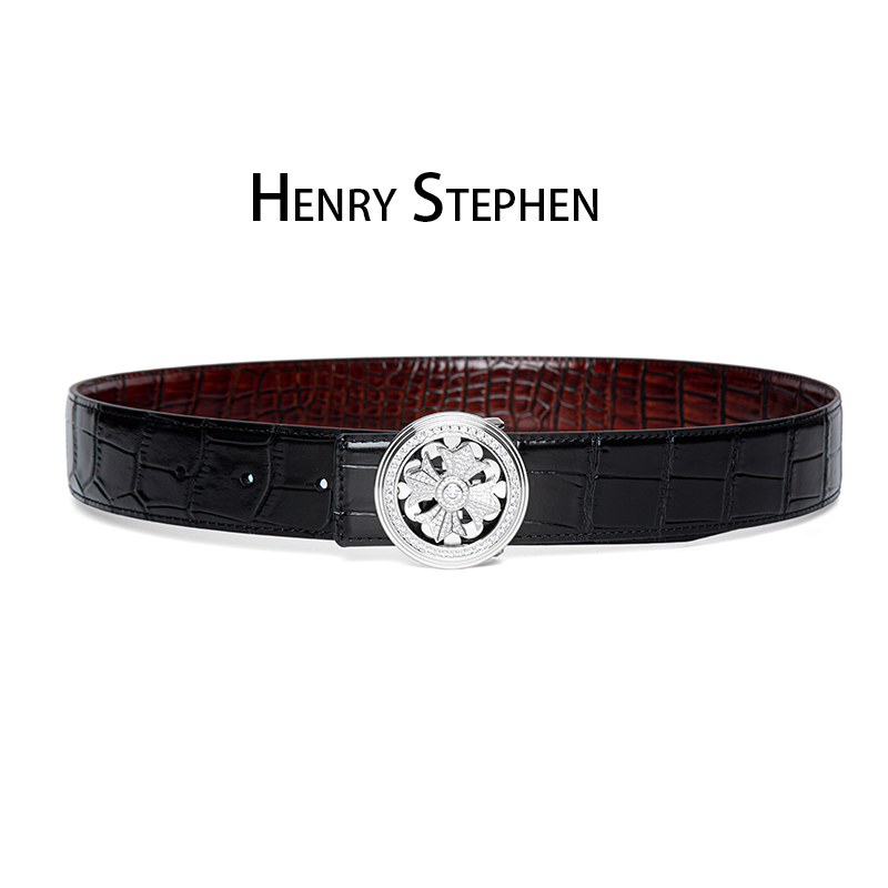 3.8宽史蒂芬时来运转镀金镶钻算盘扣双面鳄鱼皮商务高档腰带