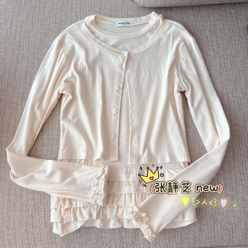【张静芝】木耳花边拼接假两件系扣长袖T恤
