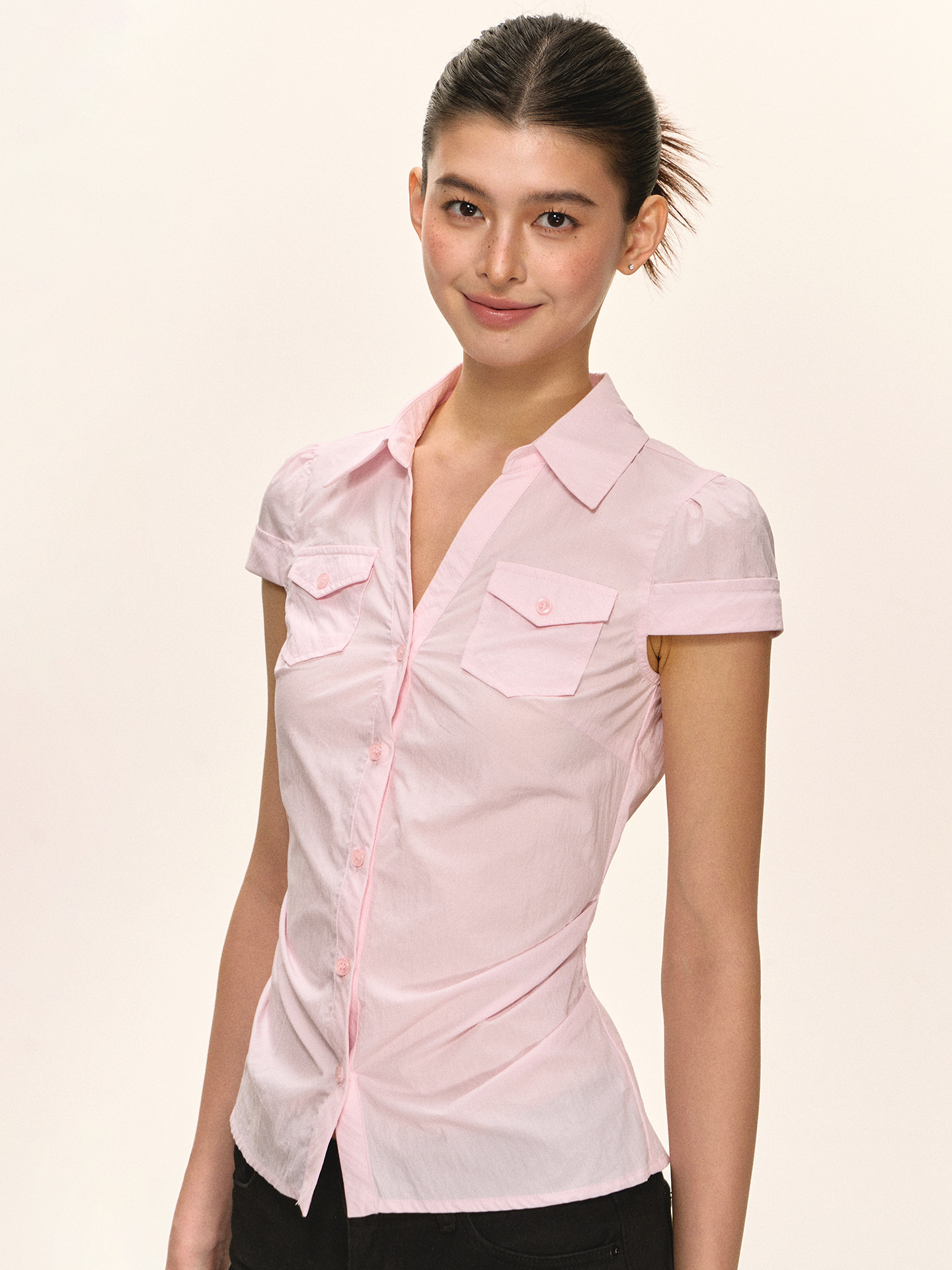 anna aneae粉色短袖衬衫女夏季新款褶皱高级气质修身显瘦短款上衣