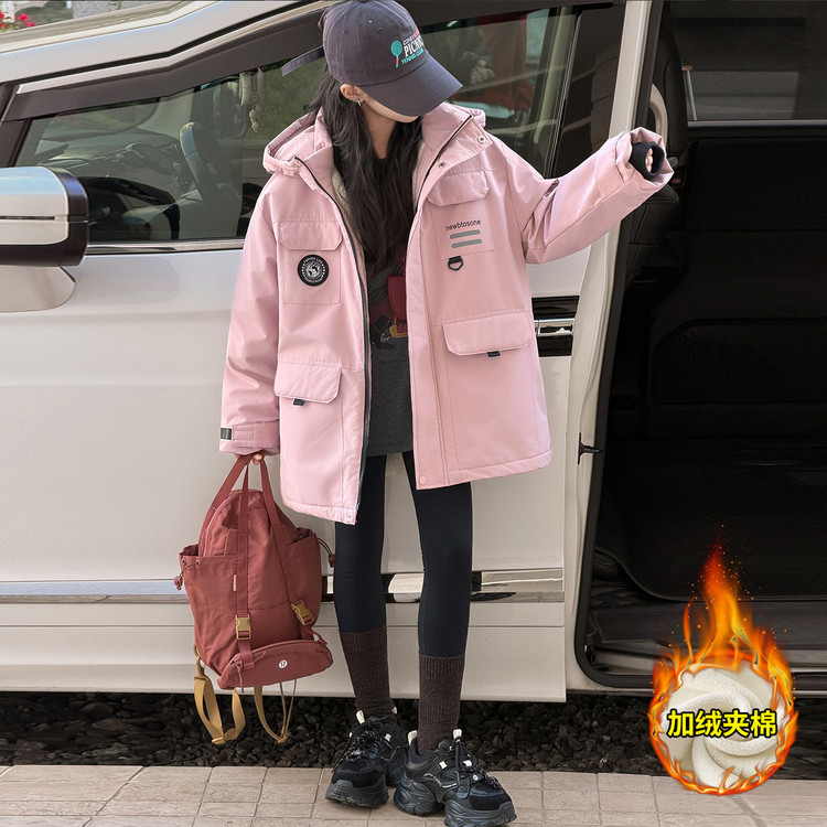 女童加厚工装厚款棉服洋气冬装纯色棉袄休闲风加绒保暖韩版潮酷