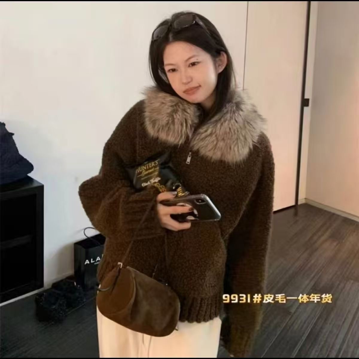 韩系爆款大毛领拉链外套小个子短款修身慵懒风保暖上衣