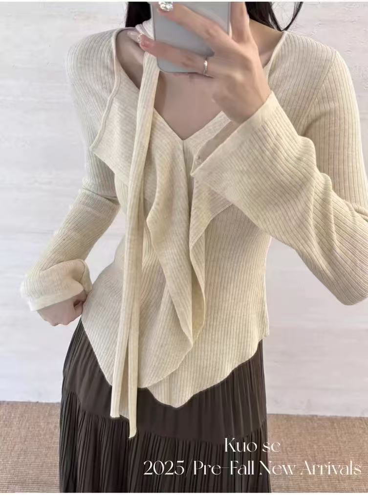 纯欲风韩系设计感飘带针织衫女25秋季超好看氛围感荷叶边长袖上衣