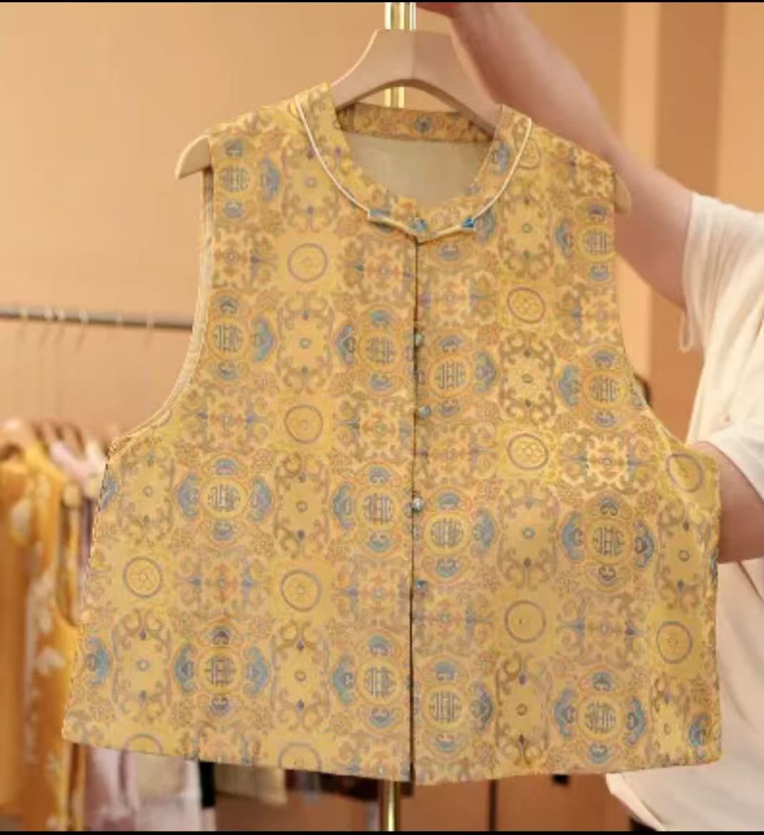 （霓裳）新中式桑蚕丝宋锦原创设计立领高定女生精品女生马甲