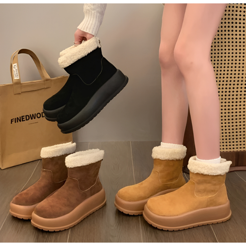 厚底雪地靴女款25冬季新款加绒短筒靴小个子加厚保暖东北大棉鞋-X