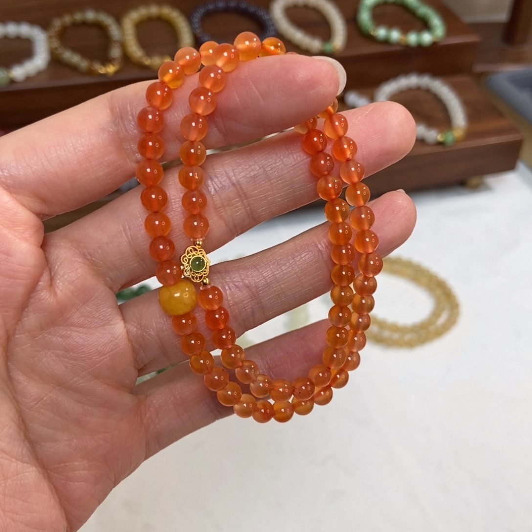 南红玛瑙银S925镶嵌手链福利5mm冰红双圈