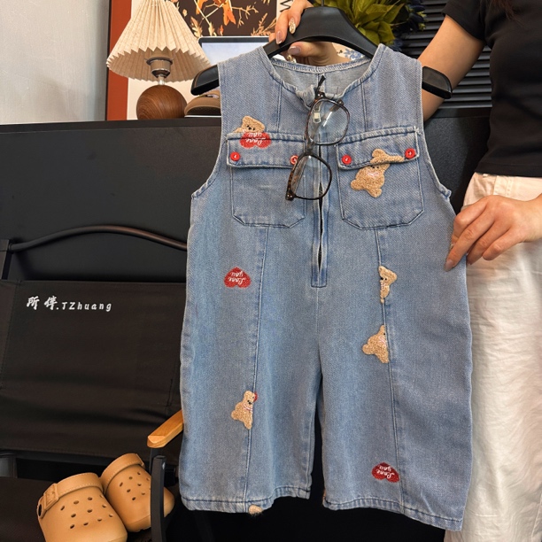 4177男女童休闲时尚潮流百搭炸街夏季拉链牛仔背带裤