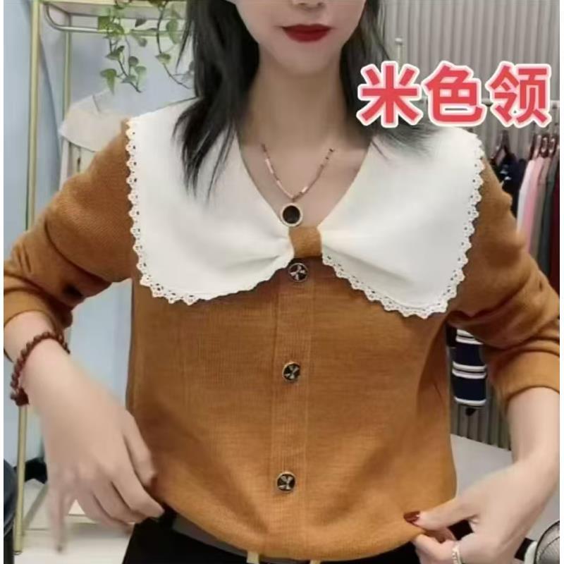 显瘦时尚减龄拼色花边娃娃领针织上衣2025秋冬季新款大码女装胖MM