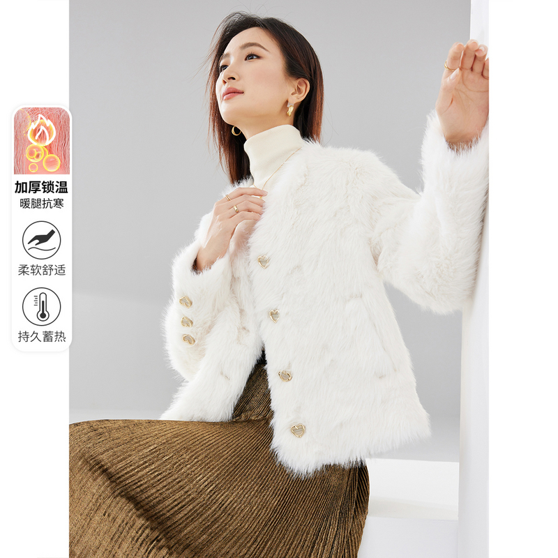 人造皮草 保暖皮草短外套秋冬新气质V领单排扣小个子短外套女