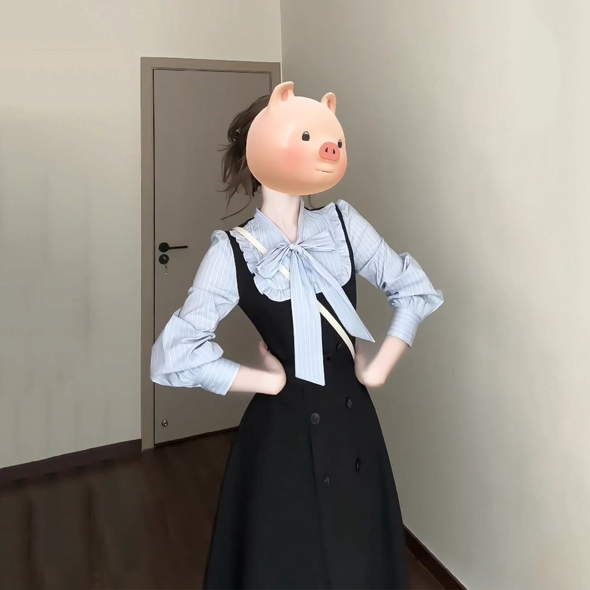 法式甜美蝴蝶结假两件连衣裙女秋季设计感公主裙小香风收腰长裙子