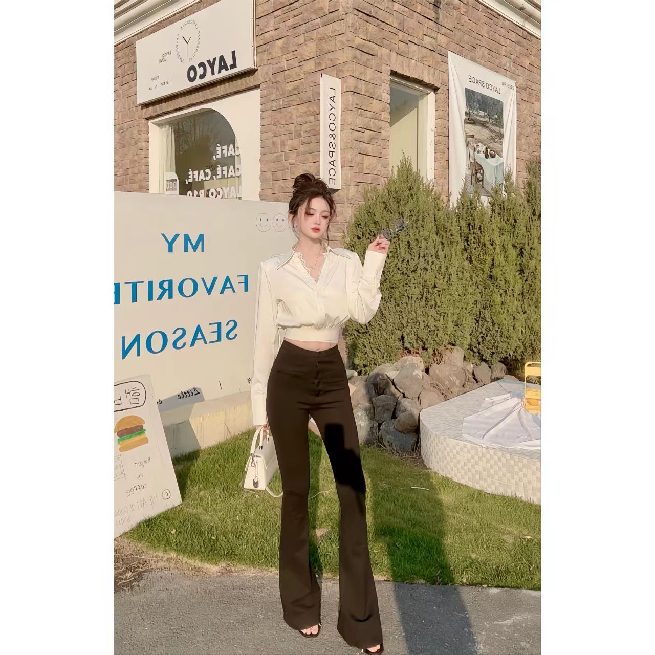 睿夕【御姐长腿】排扣休闲裤女黑色高腰紧身喇叭裤包臀长裤