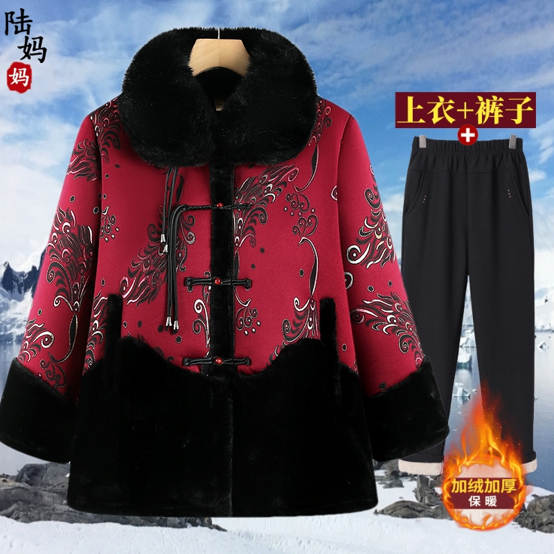 洋气妈妈冬装加绒保暖棉衣新中式中老年女装宽松大码上衣奶奶外套