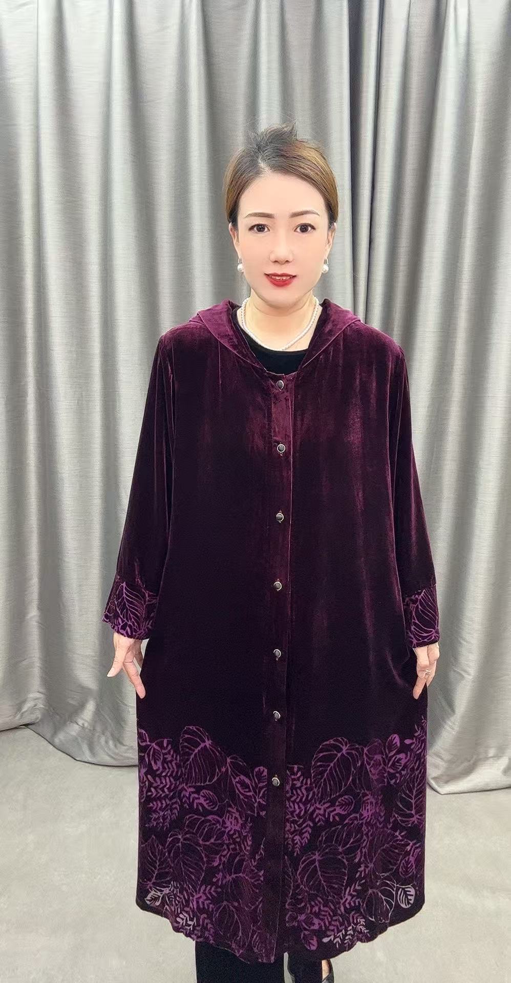 桑蚕丝加厚款连帽长款外套