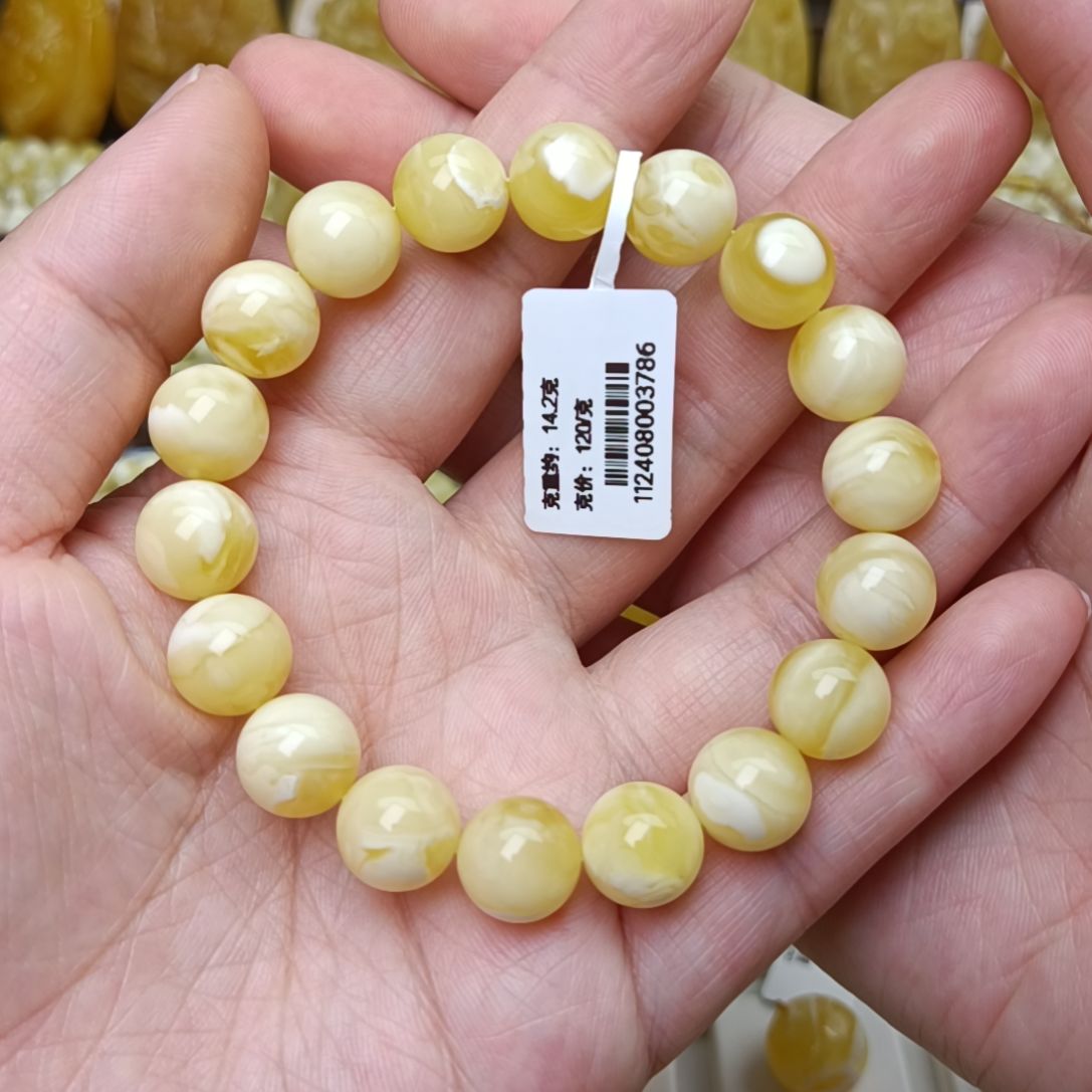 蜜蜡手链未镶嵌11圆珠浓白花蜡