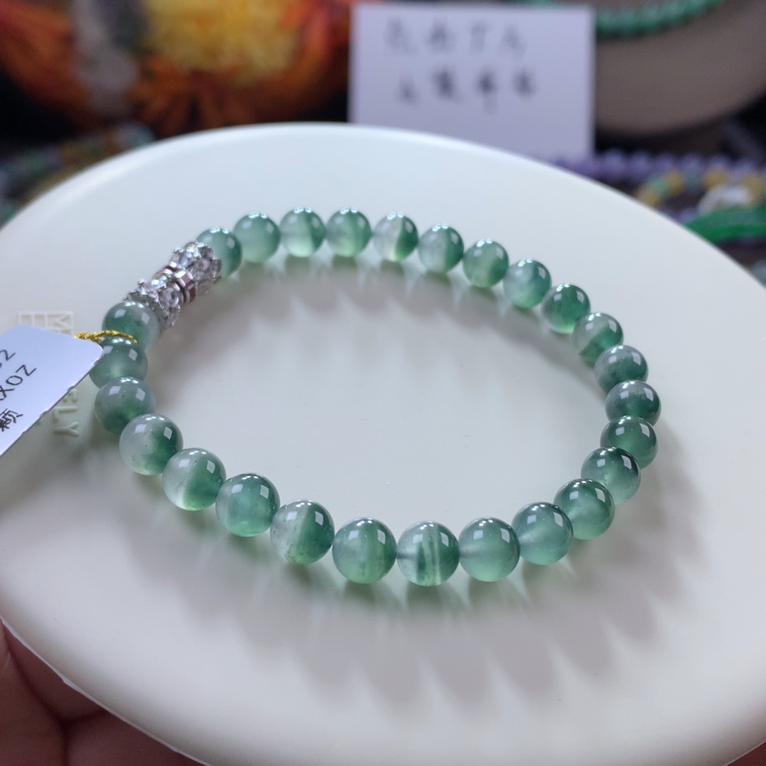 翡翠手链未镶嵌绿幽0聚宝盆冰胶飘花手串