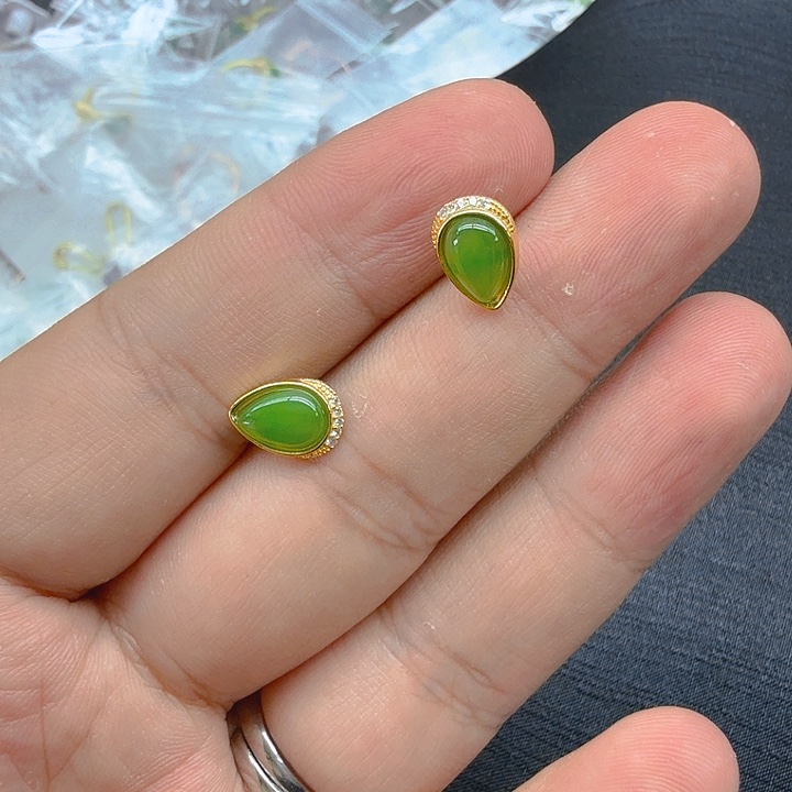 和田玉（碧玉）耳饰银S925镀金镶嵌