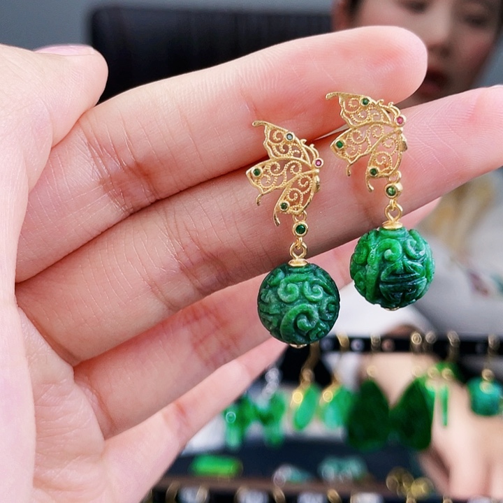 翡翠耳饰银S925镶嵌饰品