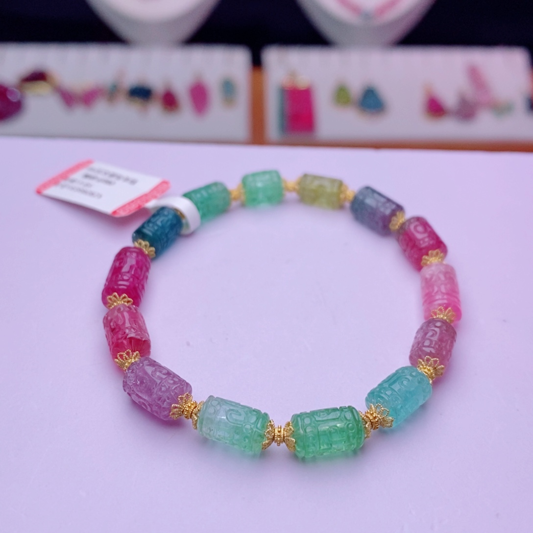 钛钢手链碧玺回纹桶珠手链yy