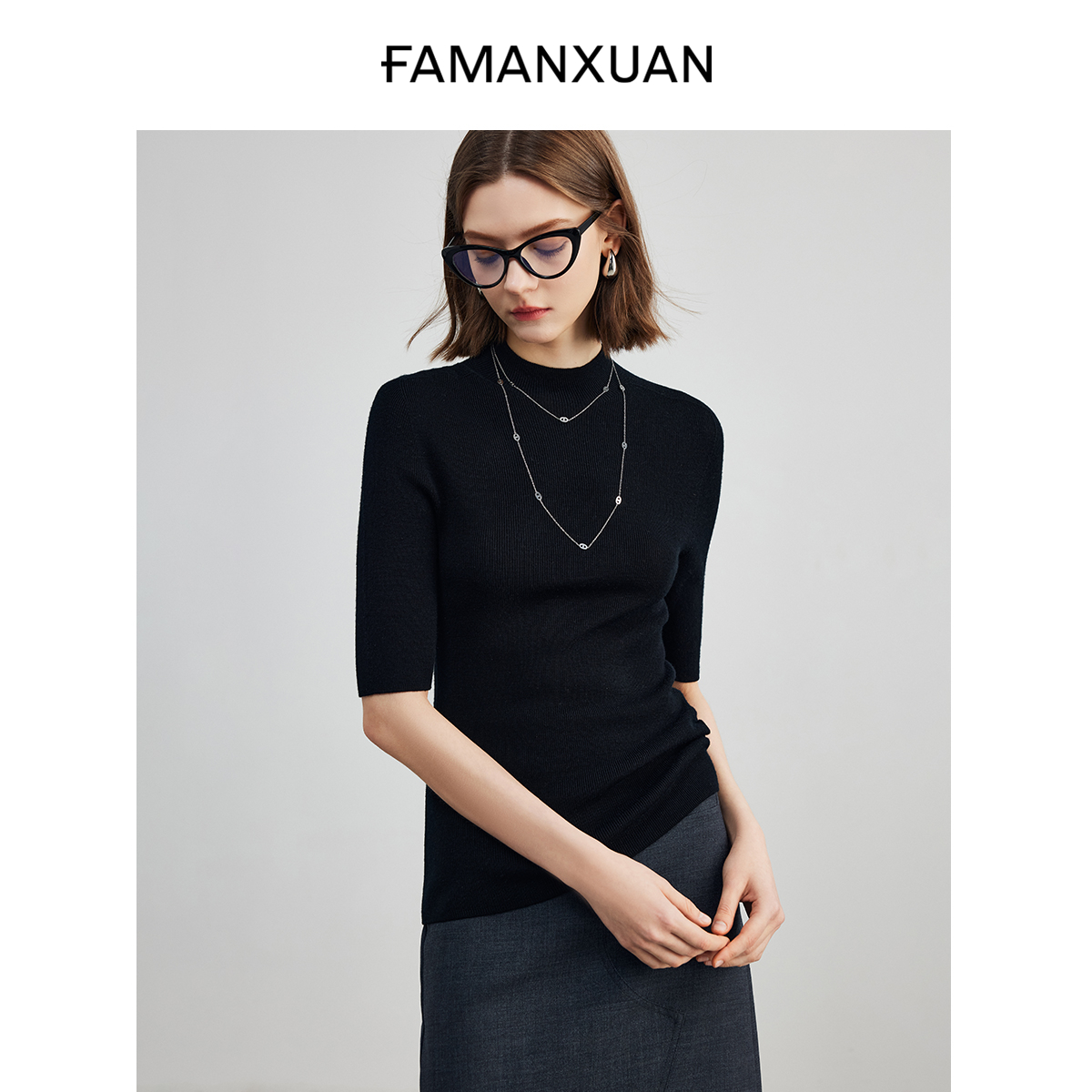 【CC专属】法曼萱无缝一体美丽诺羊毛针织衫女五分袖上衣