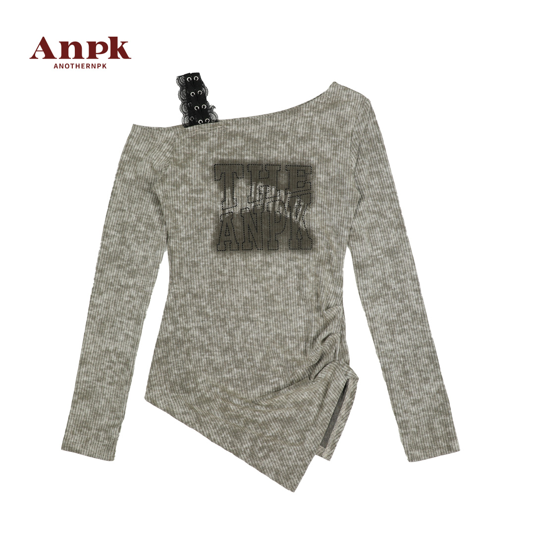 斜领字母长袖女灰色斜肩打底T恤短款显瘦时尚灰色A5F02H1101