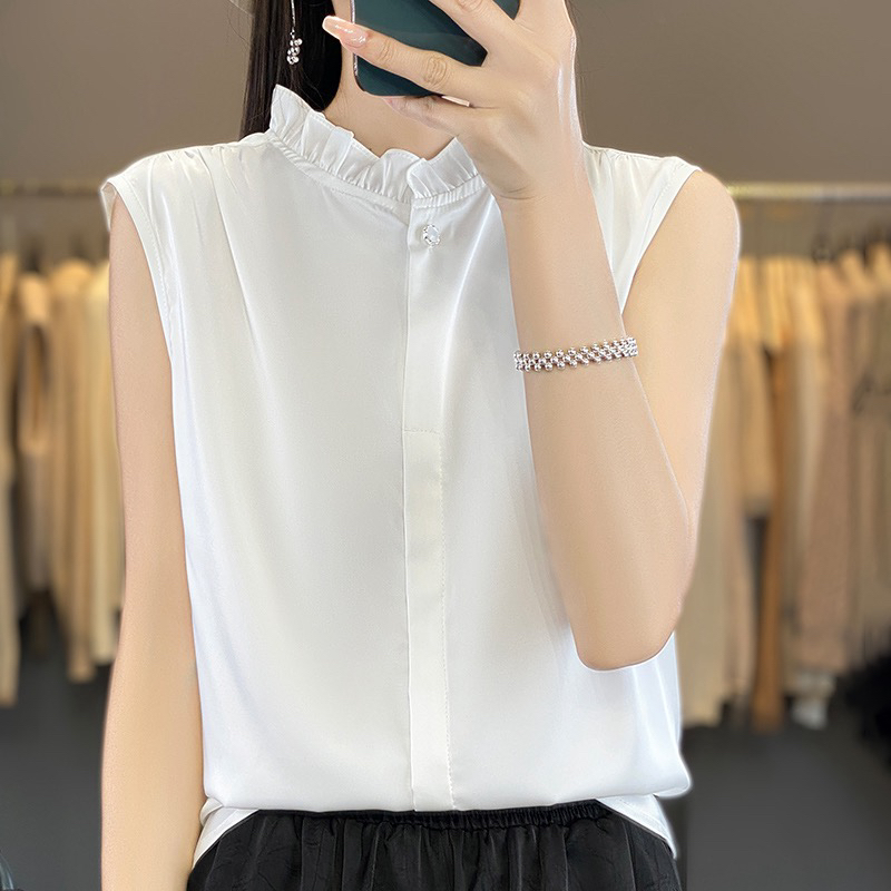 醋酸缎面无袖衬衫女木耳边设计内搭夏季法式小众上衣