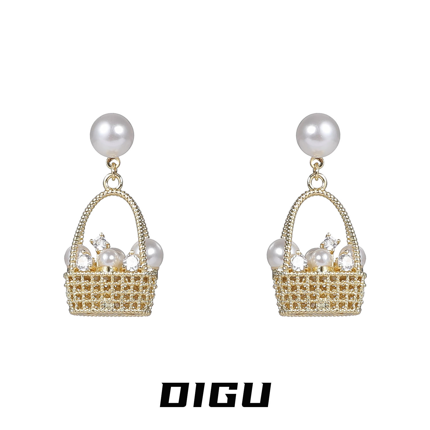 嘀咕家 铜合金仿珍珠耳饰 精致珍珠花篮耳环轻奢闪钻耳坠气质耳饰