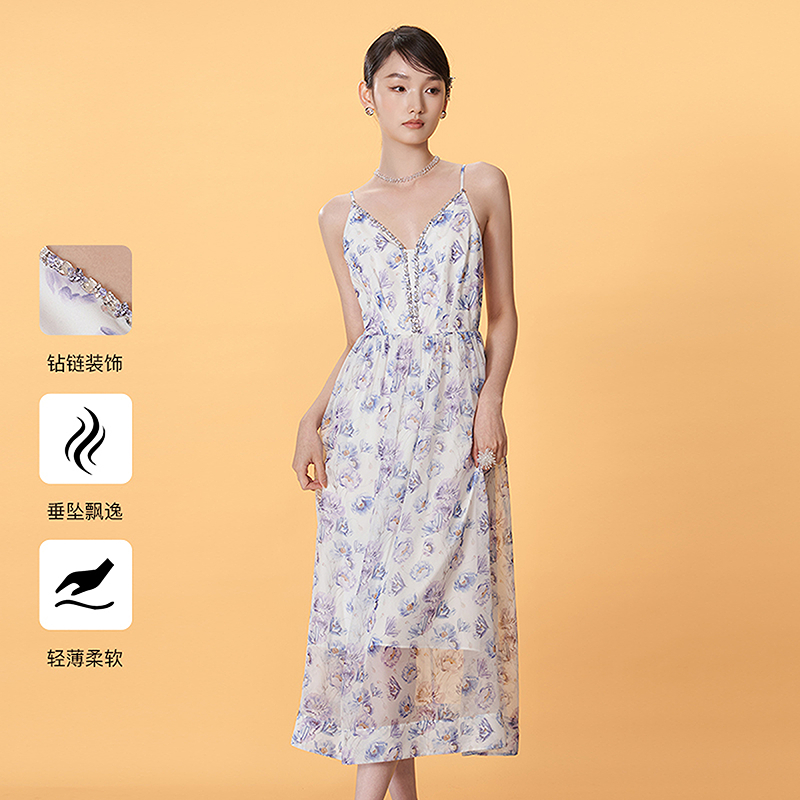 Caroline/卡洛琳秋季新款法式花卉收腰吊带连衣裙ECRFBB01