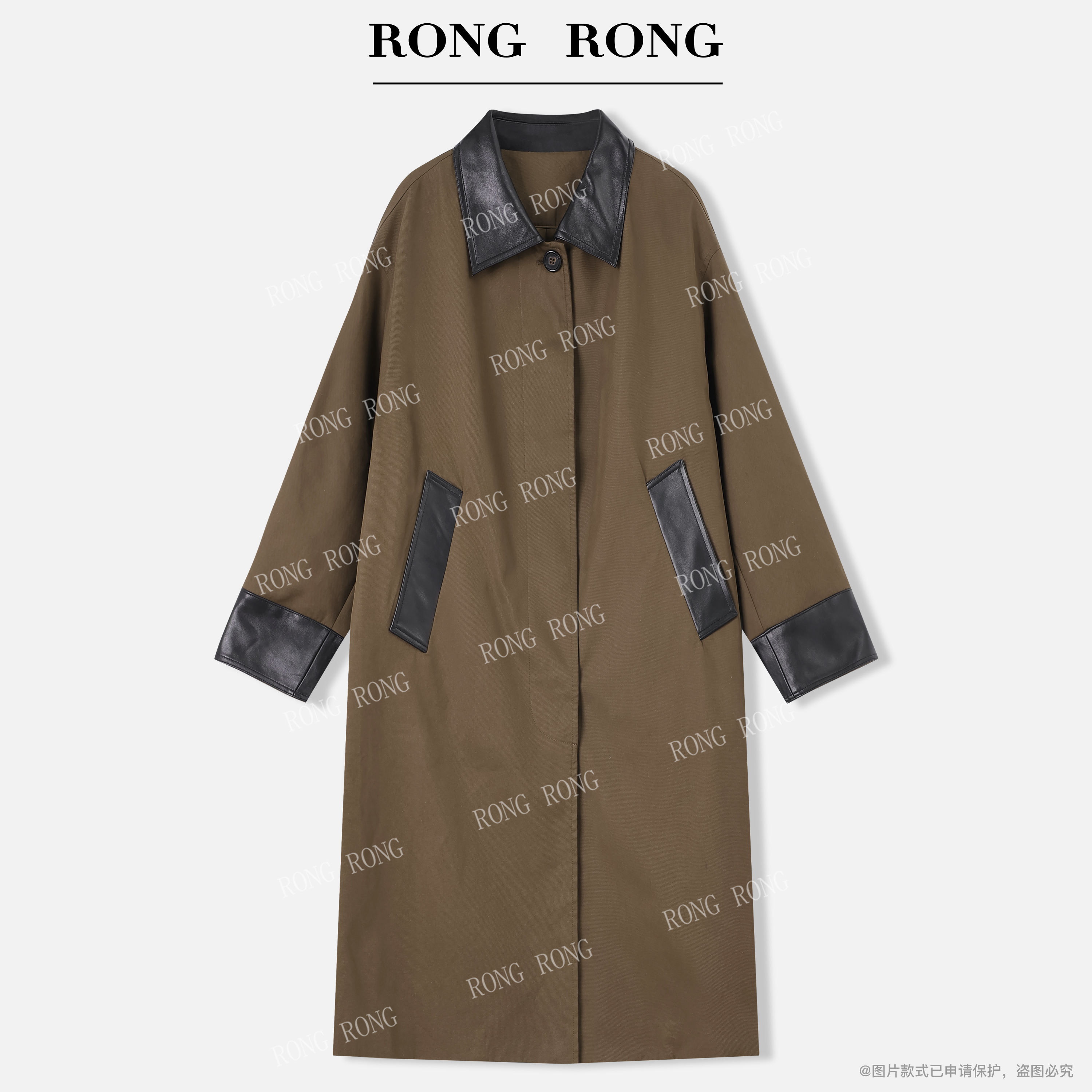 溶溶J【伦敦风雅】RONG 翻领撞色拼接巴恩风廓形风衣25D338