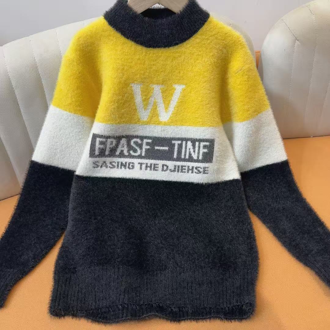 A11-2 4975花嫂家秋季上新男大童拼色字母W水貂毛套头毛衣