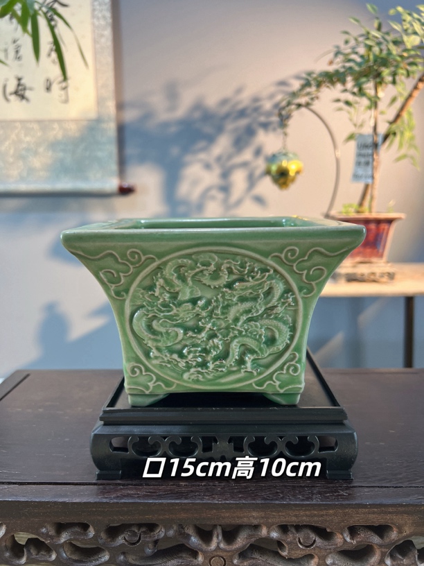 浮雕冰裂双龙出海创意四方大肚花盆适合绿植造景带底座