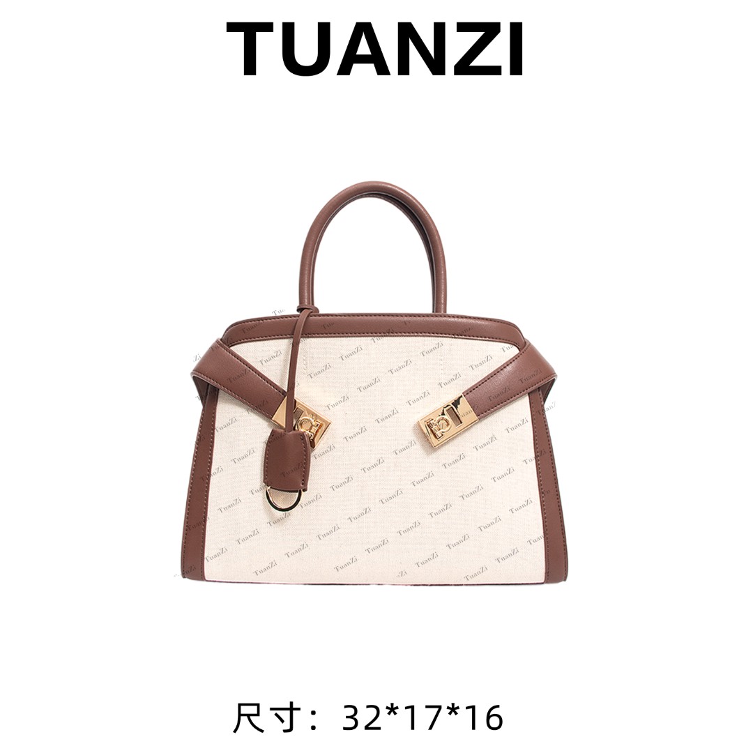 『高端玩家』新款Hug32中号抱抱帆布拼皮女包SLBL-689-帆布配棕