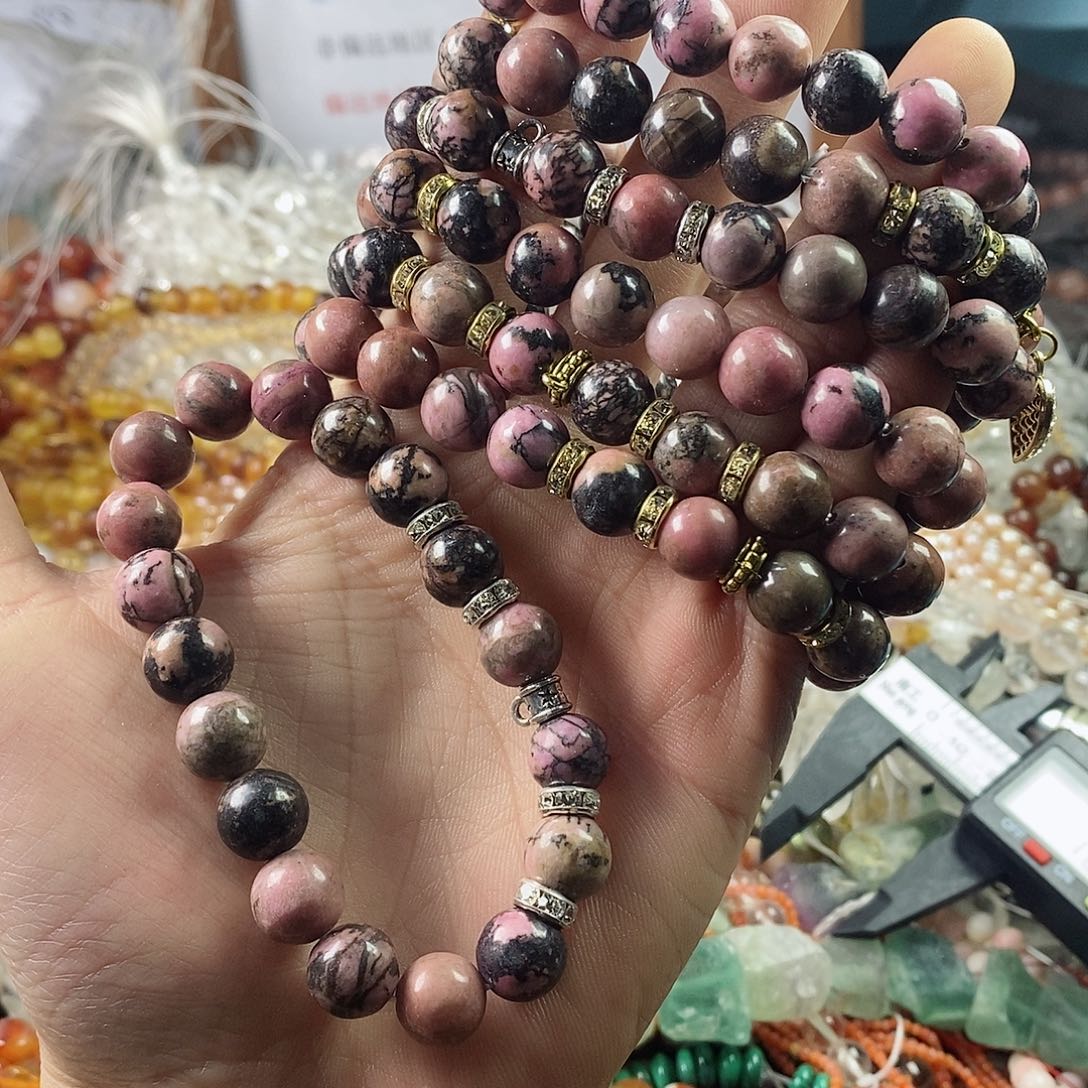 玛瑙/玉髓珠宝半成品未镶嵌一条天然卡10黑线蔷薇石手链C99