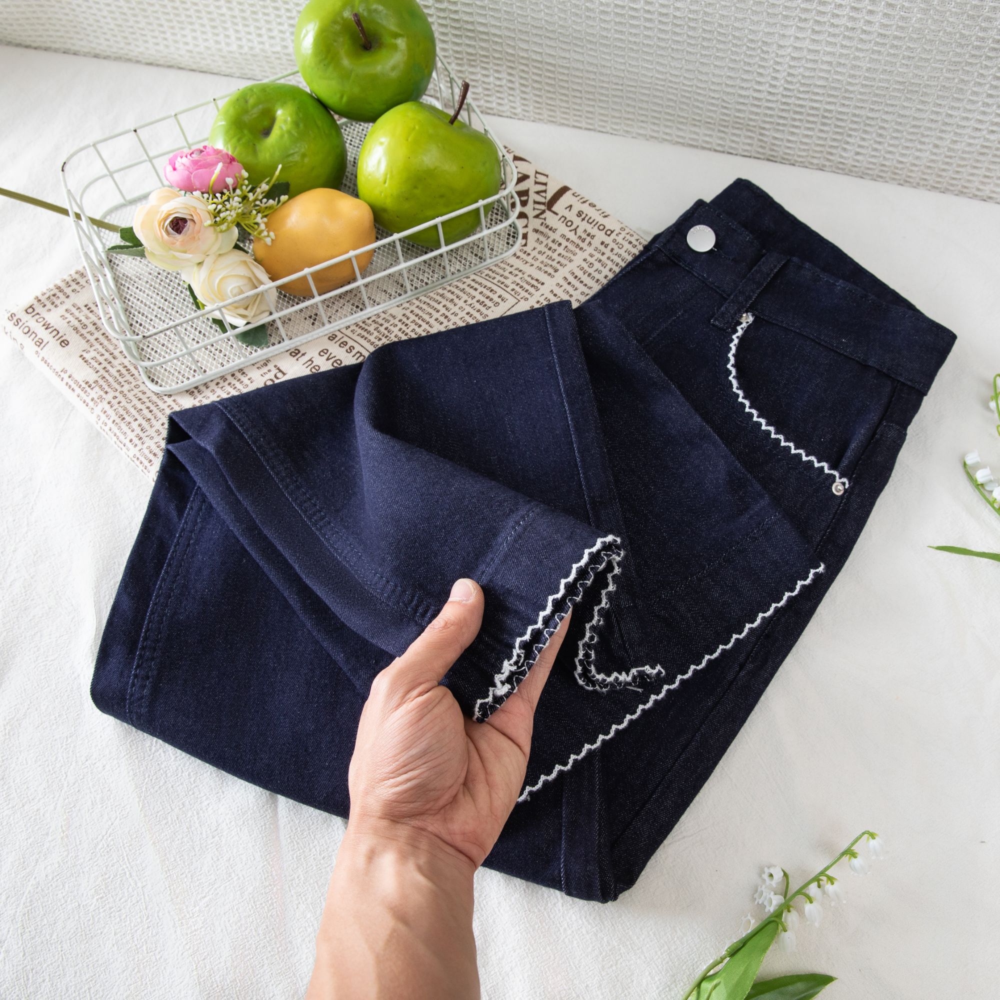 防掉色冰丝轻薄凉感空气裤夏季显瘦百搭梨型身材丹宁蓝九分直筒裤