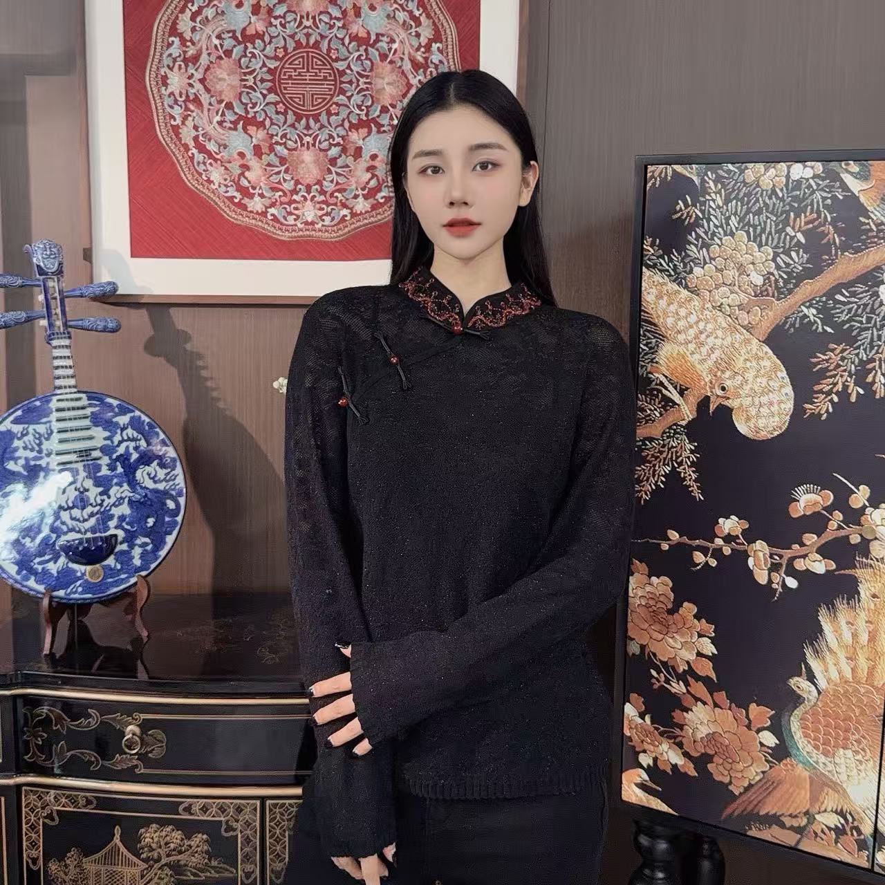 BETTY BAIRN【云山约】新中式百搭桑蚕丝羊毛织金提花毛织上衣Q7301