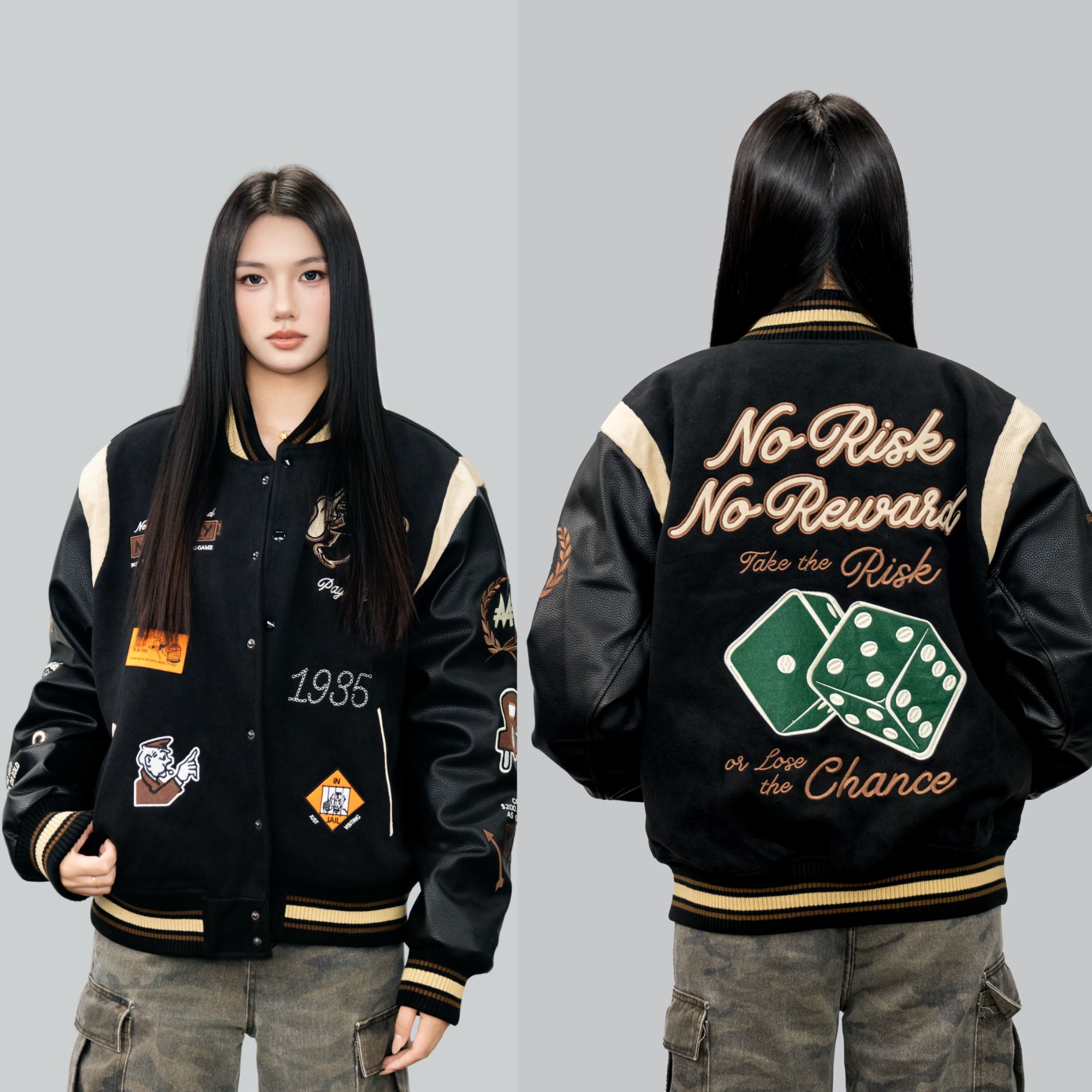 美式球服外套：大富翁黑色  秋冬款复古拼接重磅男女款百搭休闲