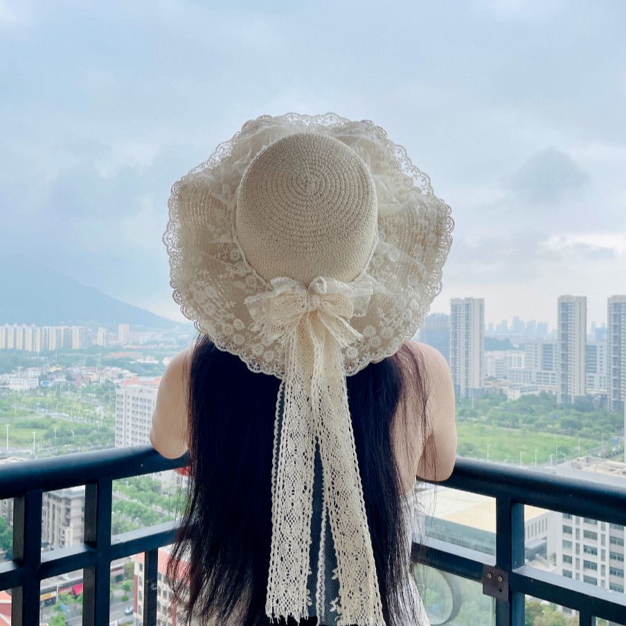 森系遮阳帽田园甜美洛丽塔草帽蕾丝蝴蝶结出游飘带防晒草编帽子