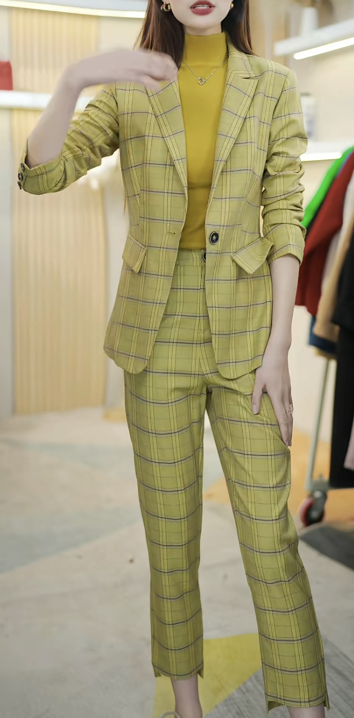 Z3259 2025春秋新款炸街帅气西服套装女格子西装外套高腰西裤L9