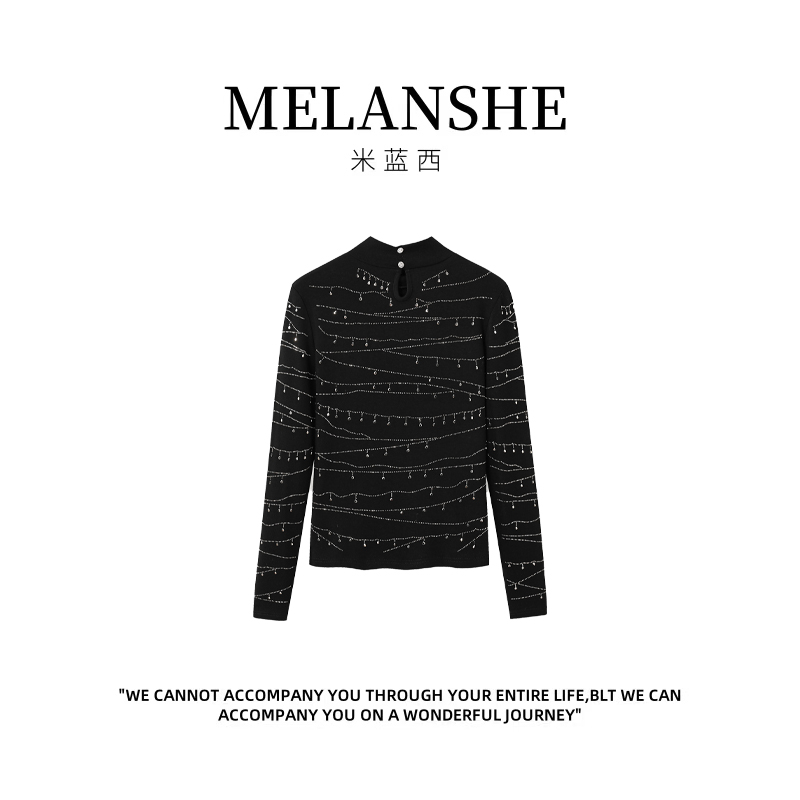 鎏光线条烫钻半高领修身显瘦黑色上衣