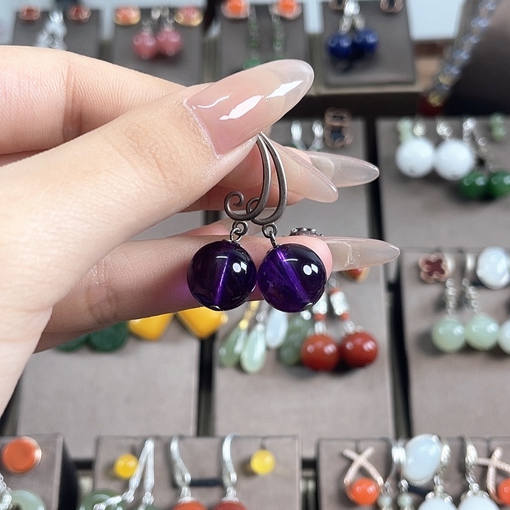 紫晶耳饰银S925镶嵌12左右