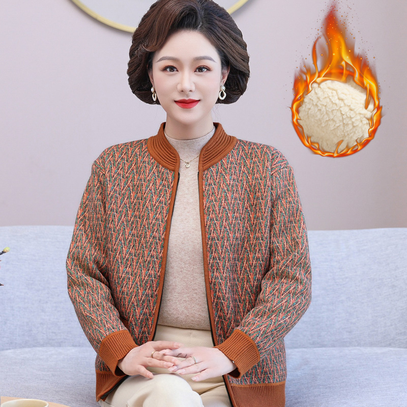 妈妈装秋冬季新款弹力针织大码外套中老年人加绒加厚保暖开衫上衣