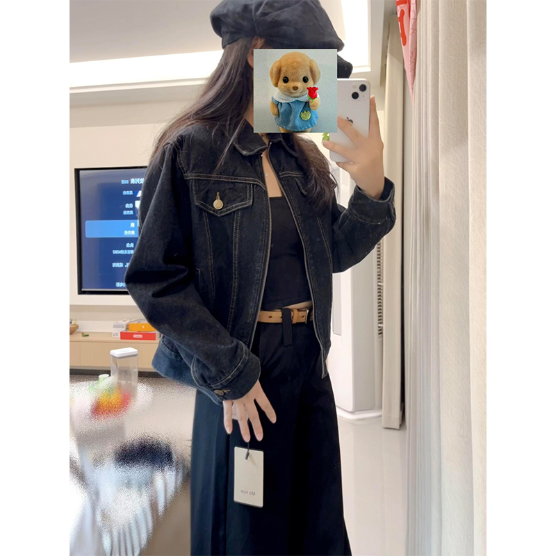 韩系复古翻领牛仔外套女春秋季新款慵懒松弛感百搭宽松夹克上衣潮