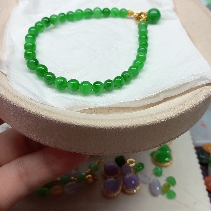 品***店翡翠18K金镶嵌手链天然缅甸翡翠A货卡5到5.5