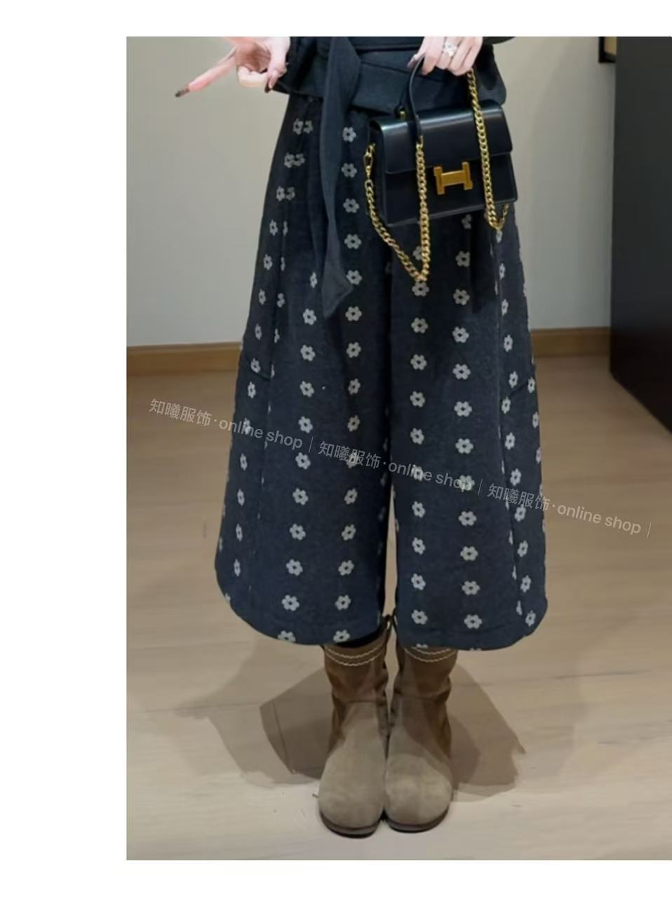 新款秋冬韩系设计感宽松简约慵懒碎花加厚阔腿气球裤7730