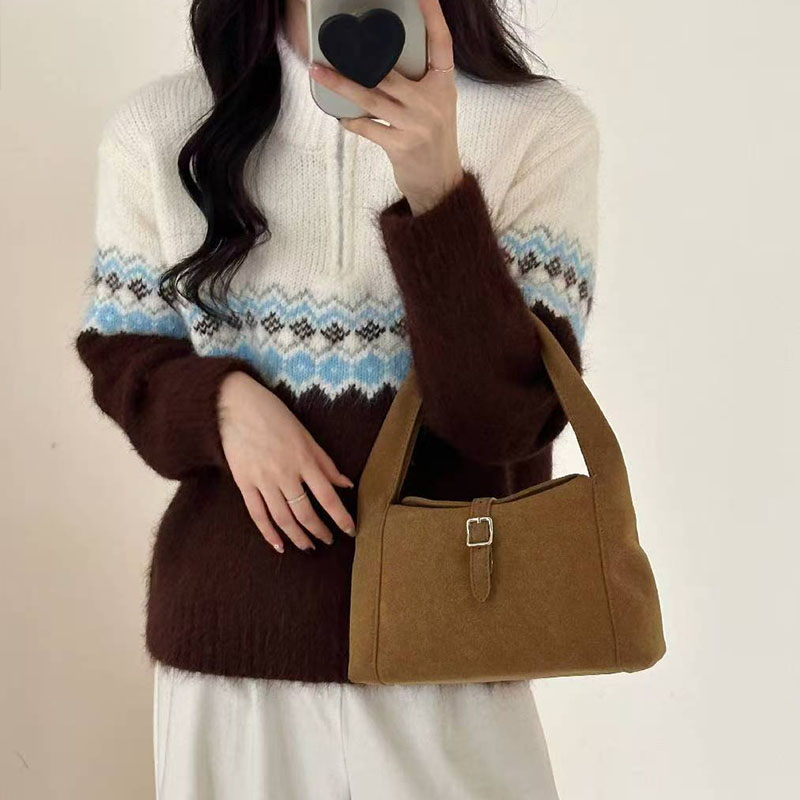 秋冬加厚费尔岛针织套头拉链韩系内搭女士羊毛针织衫撞色宽松毛衣