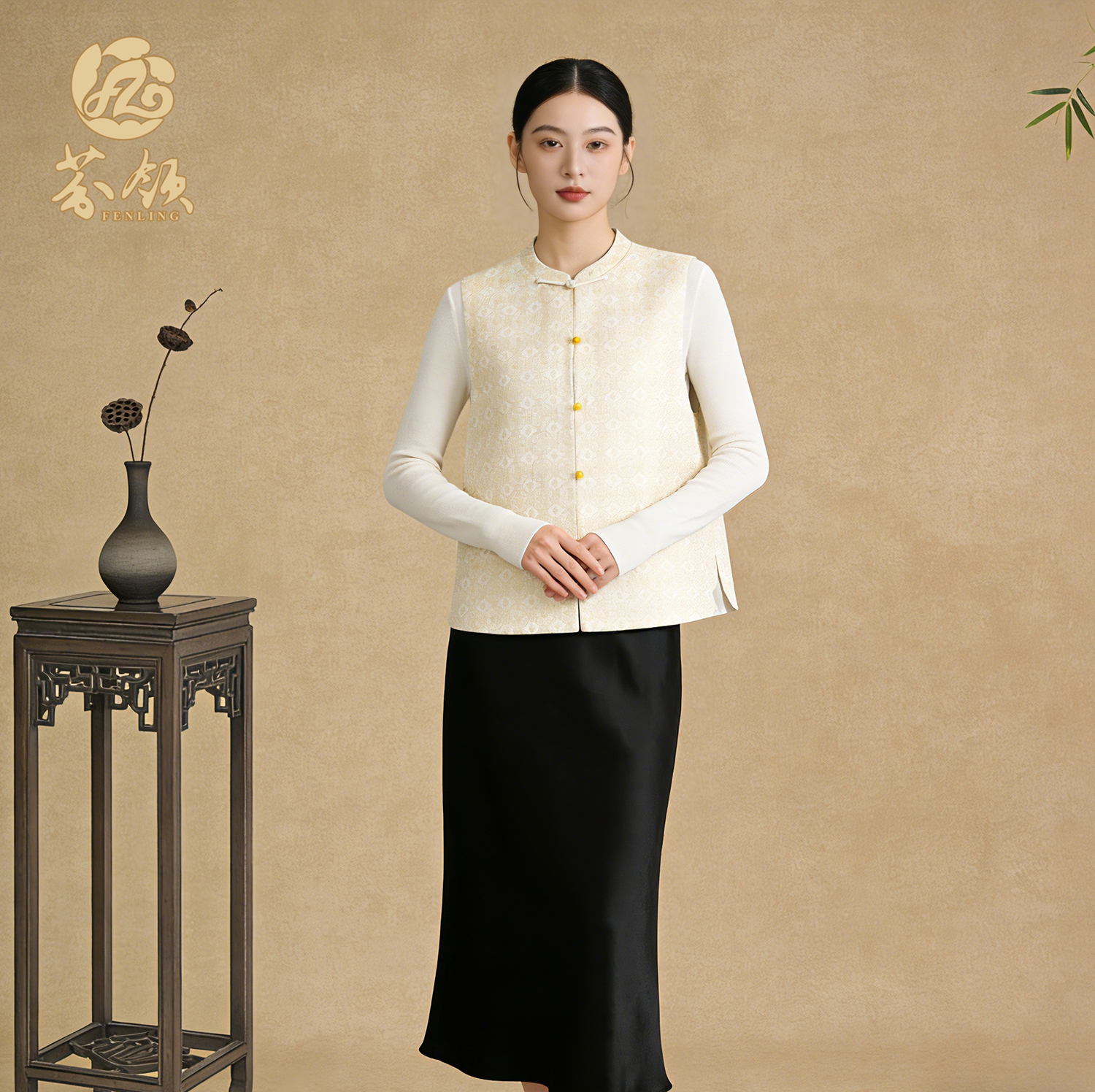 芬领-菱纹定胜纹-桑蚕丝宋锦45姆（织金）提花马甲BX1591小香风马夹